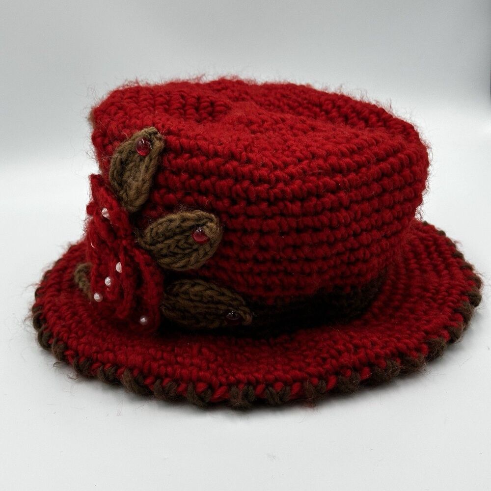 Crochet Red/Brown Knit Cloche Bucket Hat Women Winter Beanies Cap w flower Lined - Picture 10 of 10